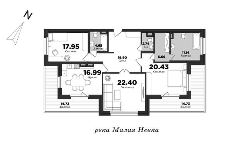 Крестовский De Luxe, Корпус 6, 3 спальни, 137.6 м² | планировка элитных квартир Санкт-Петербурга | М16
